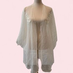 Vintage Cacique White Sheer Kimono Robe Floral Lace Appliqué One Size
